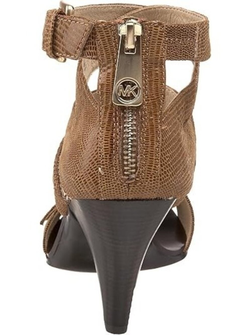 Michael Kors Tatum Cross Strap Reptile Embossed Shimmering Leather Cone Heels - Picture 3 of 8